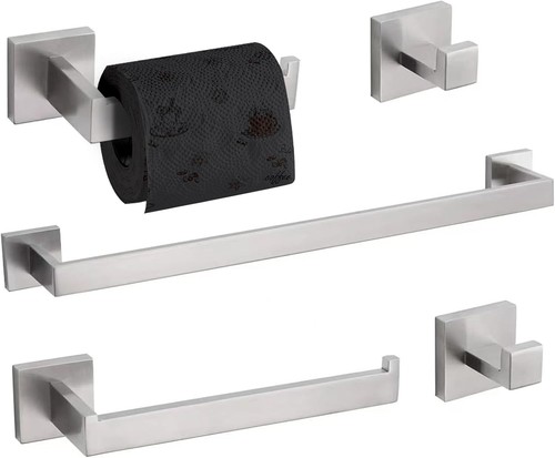 Stylish 5-Piece Bathroom Towel Bar and Holder Set in Brushed Stainless Steel - Picture 3 of 8