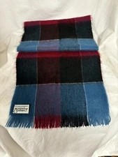 Plaid Wool Fringe Scarf, West Germany, 11" by 50", Burgundy, Aqua, Violet