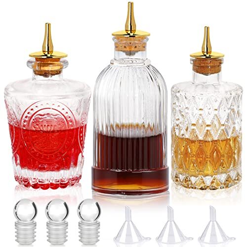 Bitters - Set di 3 bottiglie amare in vetro vintage, per cocktail, (V9t)