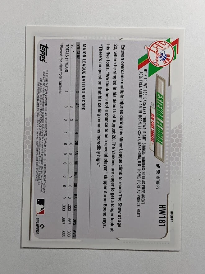 ESTEVAN FLORIAL RC 2021 TOPPS HOLIDAY ROOKIE #HW181 NEW YORK YANKEES - Image 2 of 2