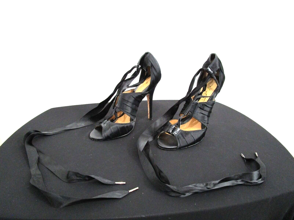 Black Satin Ribbon Ankle Wrap Stiletto High Heel Sandals Women M
