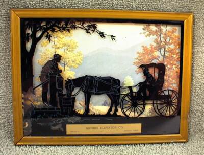VINTAGE ARTHUR ELEVATOR CO IOWA PHONE 5 GLASS FRAMED SILHOUETTE WALL HANGING 
