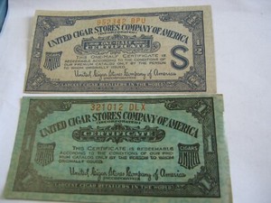 UCSCA United Cigar Stores Company of America, 1/2 WITH "S" & 1 Certificates #12