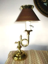 Vintage Mid Century Modern Brass Bugle Tole Shade Music Room Desk Student Lamp