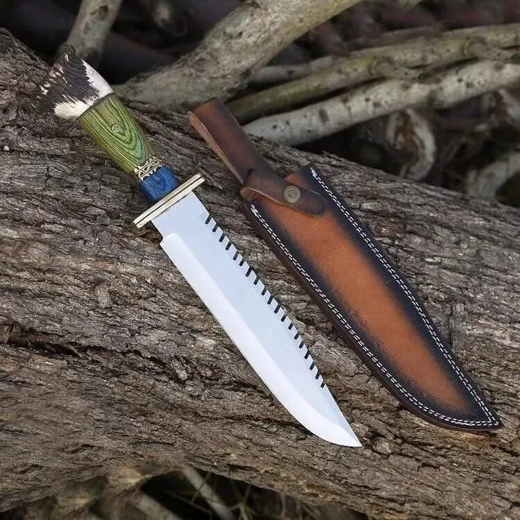 ASS Custom Handmade Carbon Steel Hunting Bowie Knife With Leather Sheath