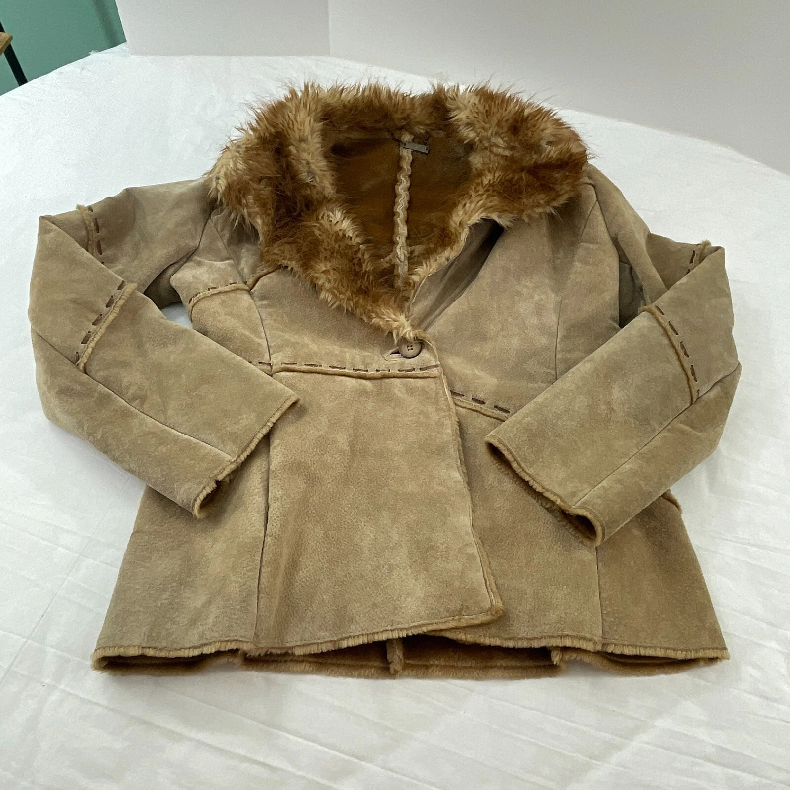Winlit Women's Suede Leather Faux Fur Lined Coat Medium