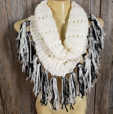 NEW Hand Knitted White Black Gray Infinity Boho Cowl Scarf Fringe Handmade Knit