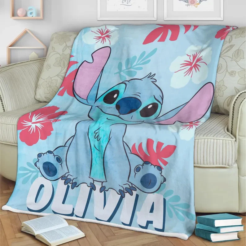 Personalized Disney Stitch Hibiscus Aloha Light Blue Cozy Fleece Blanket