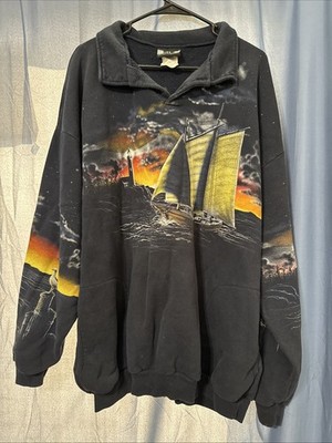 Vintage AU Art Unlimited Lighthouse Night Sea Henley Sweatshirt RARE Men s 2XL