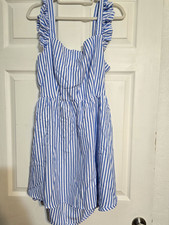 Cupshe Blue/White Striped Ruffle Tie Waist Square Neck Sundress M