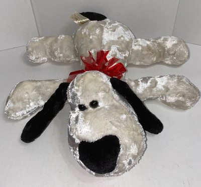 DanDee Floppy Puppy Dog White & Black Super Soft Velvety Heart Nose & Red Ribbon