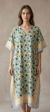 Indian Handmade Kaftan Dress Multi Floral Handblock Print Beach Cover Up Bohemia