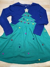 Boden Christmas Tree Dress Girls 4-5 Navy Green Pom Pom Cotton Skater Holiday