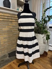 Tahari Womens Ivory Striped Fit & Flare Dress Pleated Skirt Texture Midi Cocktai