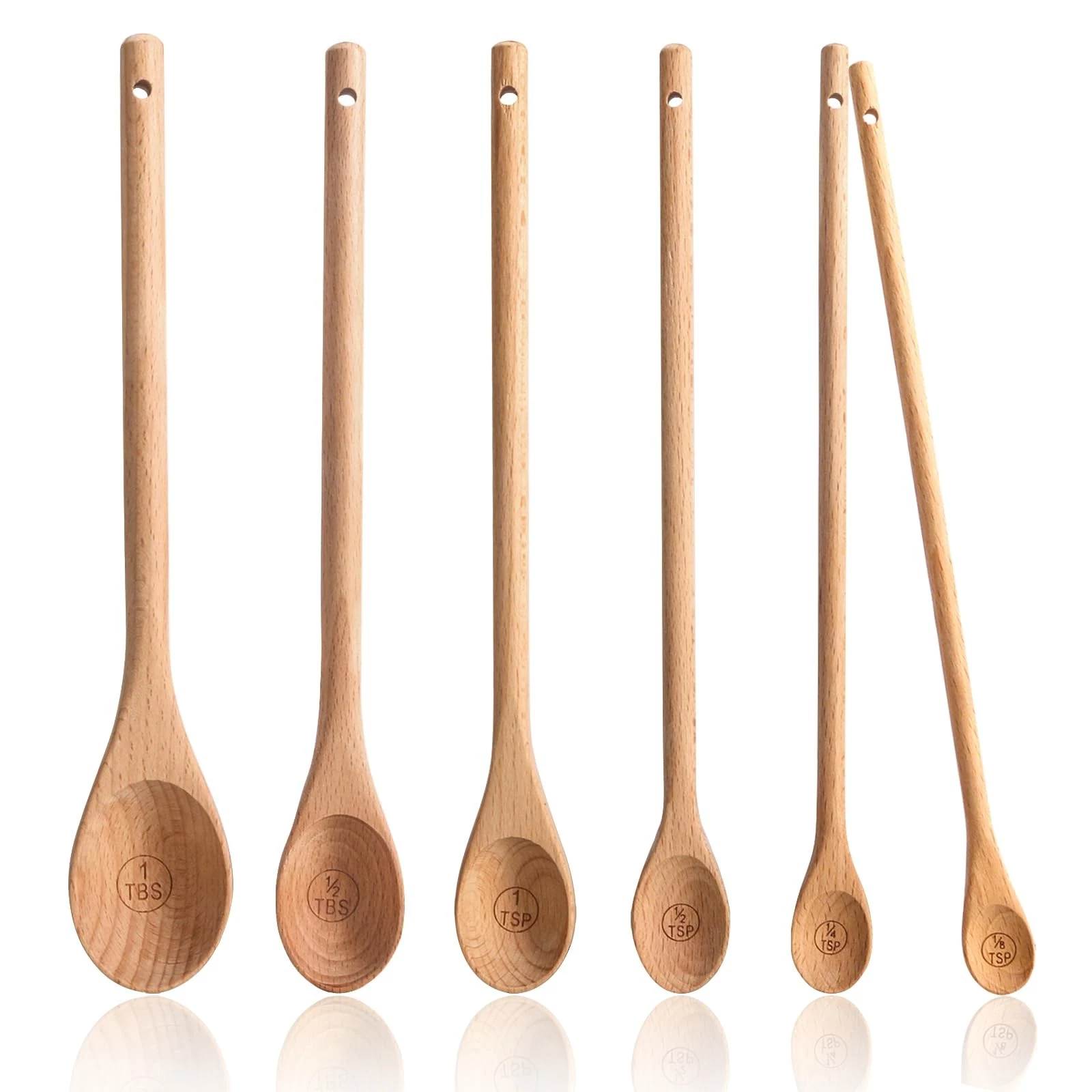 Wooden Meauring Spoons Set of 6 - Long Handle Beechwood Measuring Spoons 1/8 ...