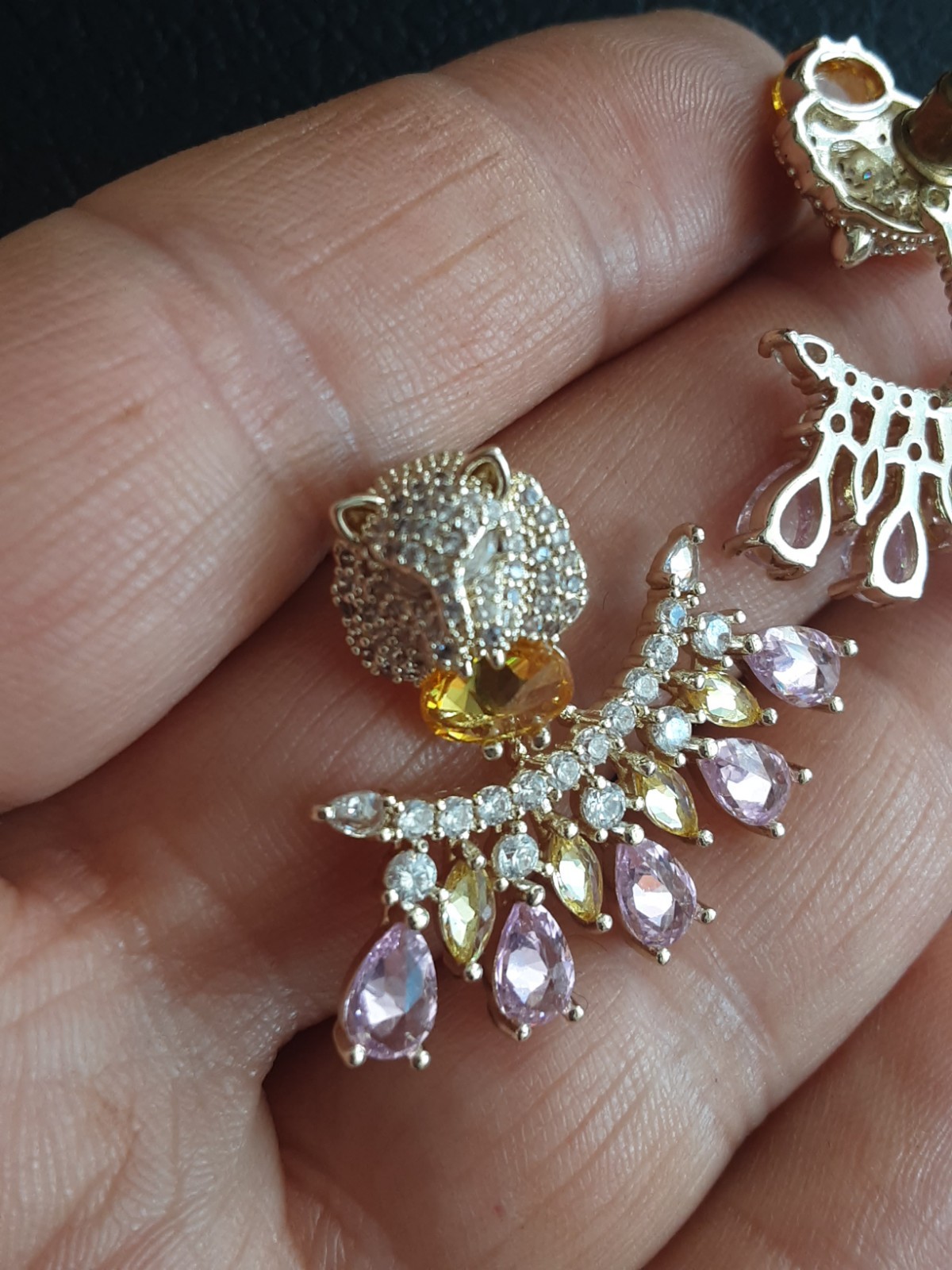 Gold Tone Panther Animal Dangle Earrings Pink Pear Stone Butterfly Closure