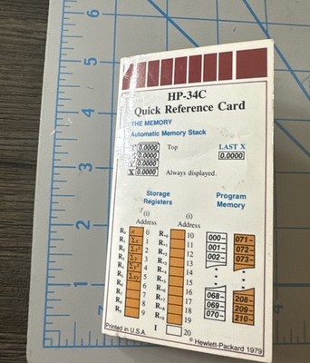 Quick Reference Card For Hewlett Packard HP 34c Calculator 1979 Vintage