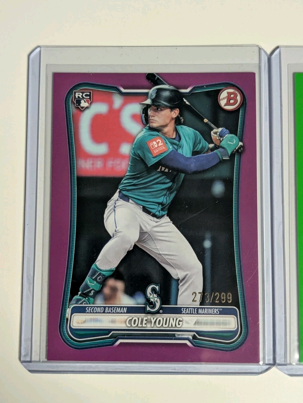 2026 Bowman Cole Young Fuchsia Paper RC /299 + Green Paper RC /399 Mariners view 2
