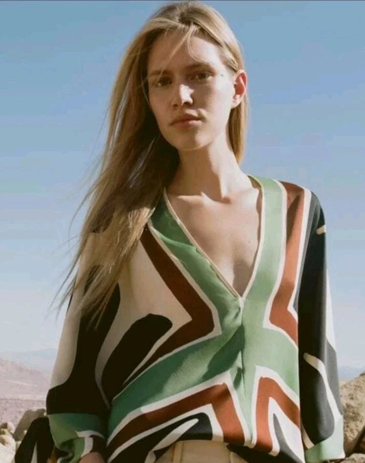 NUEVO SIN ETIQUETAS ZARA Manga Ala de Murciélago Estampado Geométrico con Corbata Cuello en V M, L, XL CRUDO m7807/026 Foto 3 de 4