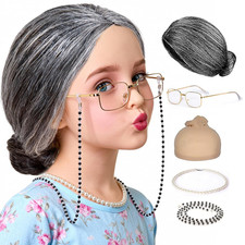 100 Days of School Old Lady Wig with Glasses Necklace, Grandma Gray Wig Costum