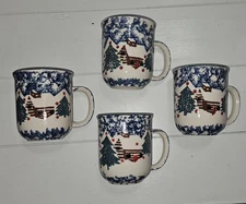 Set Of 4 Tienshan Folk Craft Cabin In The Snow Mugs Cups 3 7/8" Christmas