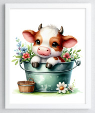 Cow Wall Art Print, Cow in a Bucket Print, Farmhouse Art Home Decor Print 930