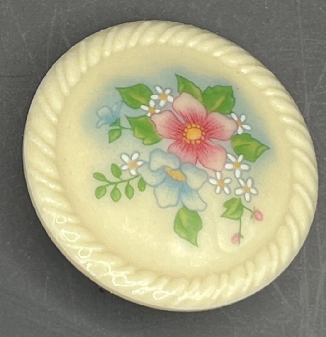 VTG AVON porcelain Brooch Flowers Off-White Pink Blue Floral Round Circle Signed thumbnail 2