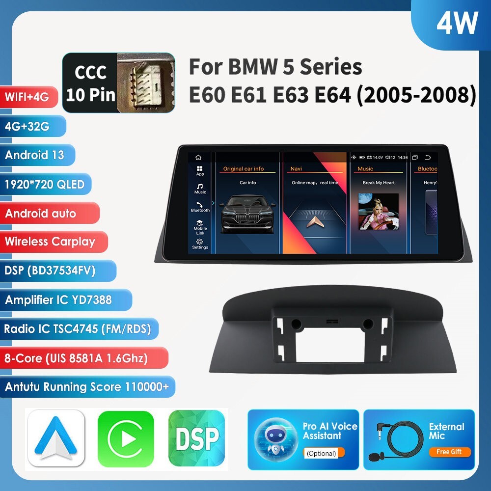 10.25"Android 13 Car GPS CarPlay Wifi for BMW 5 Series E60 E61 CCC 4+32GB DSP BT