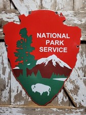 VINTAGE NATIONAL PARK PORCELAIN SIGN FOREST SERVICE 28" SMOKEY BEAR ARROWHEAD