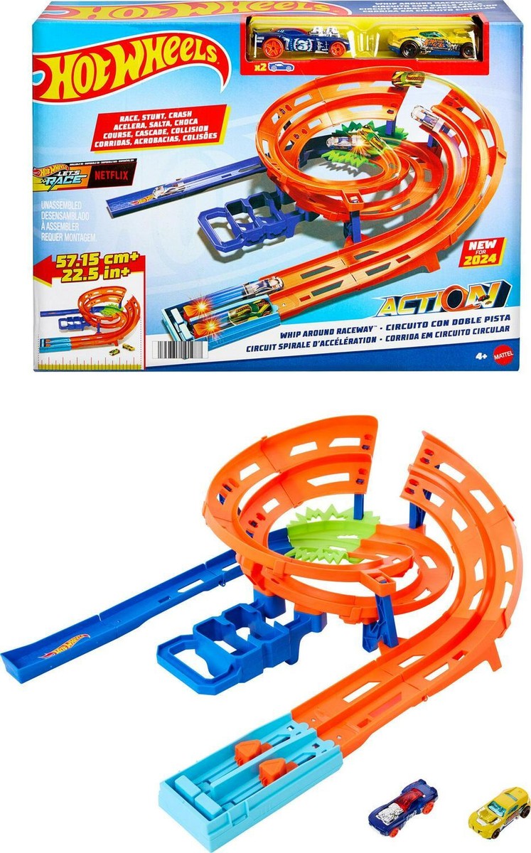 Hot Wheels Whip Around Raceway Track + 2 Toy Cars in 1:64 Scale