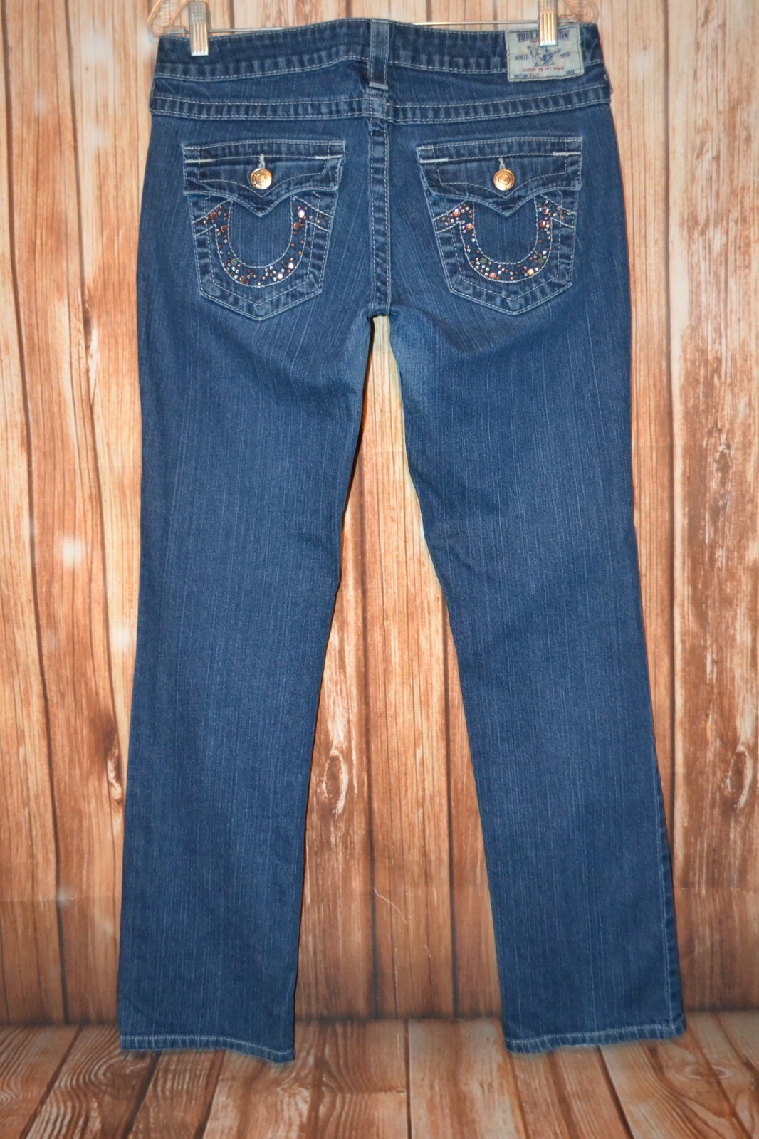 True Religion Women's Billy Straight Pocket Flaps w/gems Blue Jeans Sz 31x31 thumbnail 6