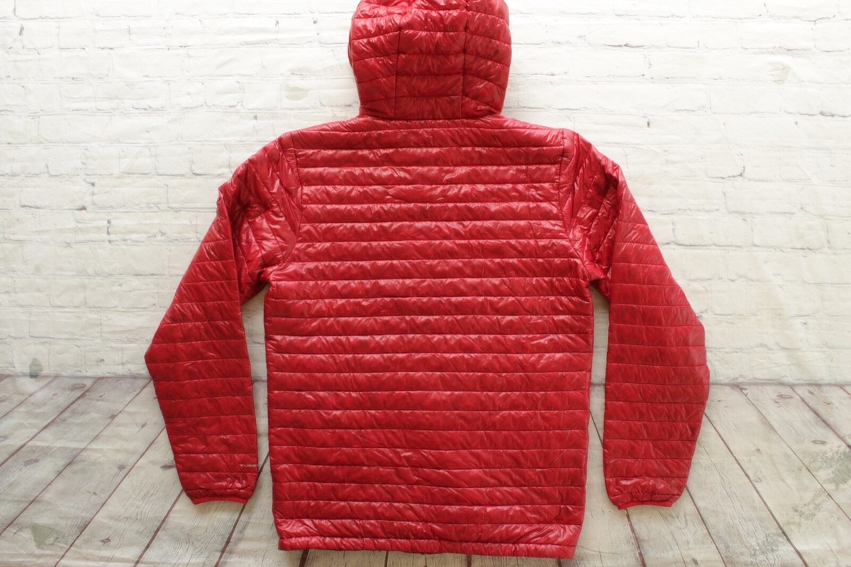 Mens COLUMBIA Red Hooded Turbo Goose Down Puffer Full Zip Sweater