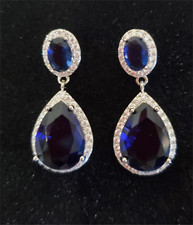 Oval Dangle Tear Drop Blue Sapphire Stone 925 Sterling Silver Stud Post Earrings