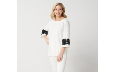 Linea by Louis Dell'Olio Pullover Top w/ Lace Applique on Sleeve Ivory Reg 16 A3
