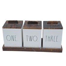 Rae Dunn ONE TWO THREE Wood Storage Box Set w Lids Tray White Farmhouse