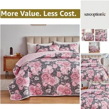 Chic 3-Piece Quilt Set in Grey with Pink Flowers: All Season Luxury for Your Bed