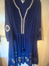 Monsoon Blue A-Line V-Neck Knee-Length Lace Dress 3/4 Sleeve Beaded L