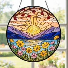 Sunrise Mountain Lake Stained Glass Suncatcher Nature Window Decor