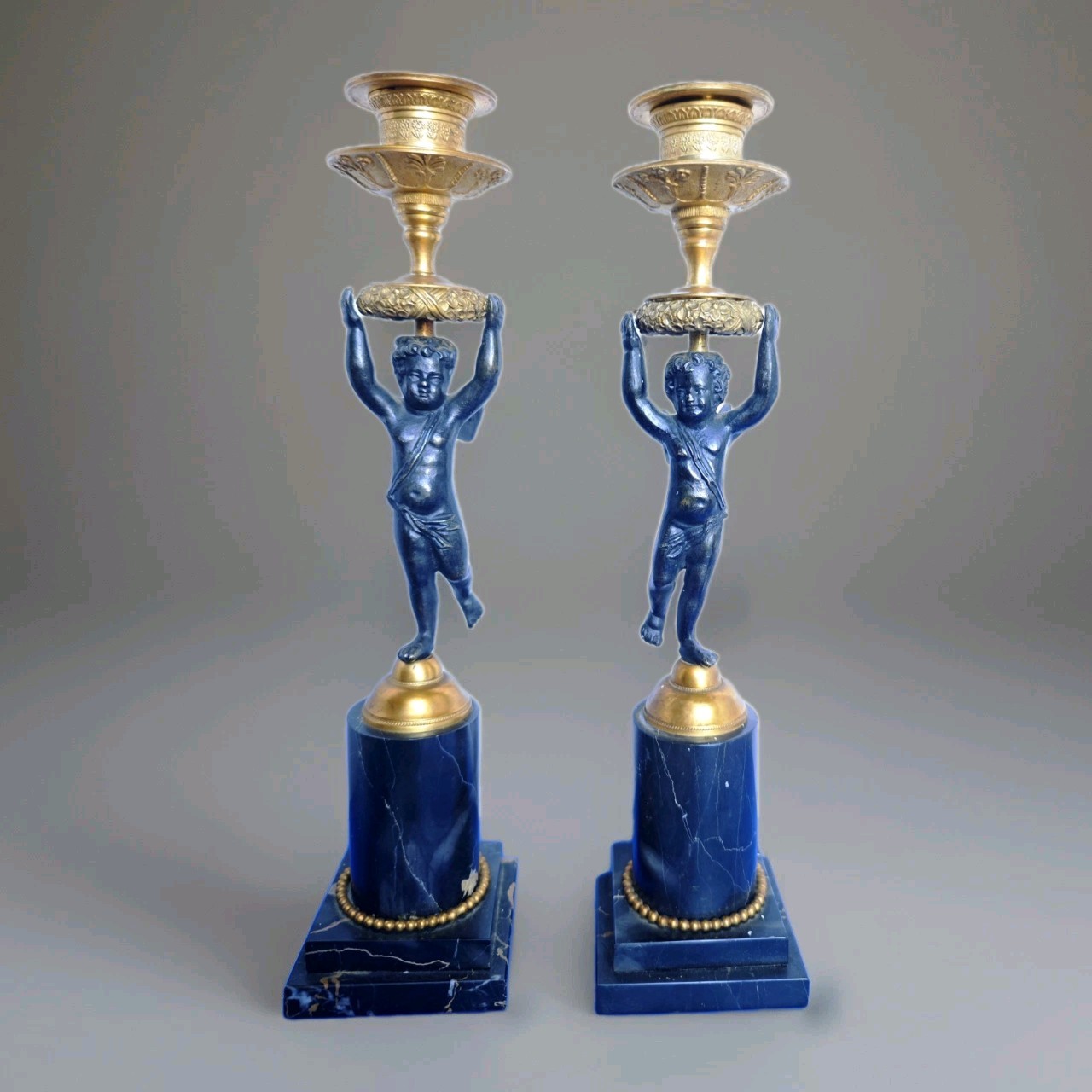 1800s Gilded and Brunished Bronze and Marble Pair Chandeliers