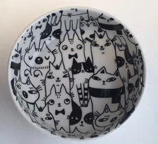SIGNATURE HARDWARES 🐈 CATS PET DISH BOWL Food-Water Black & White Stoneware NEW