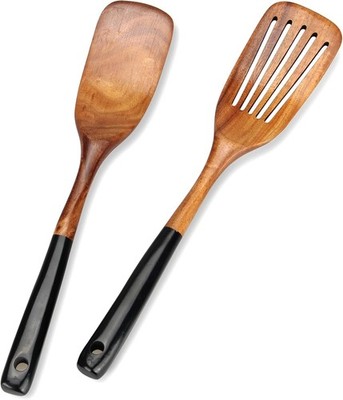 2x BAMBOO SPOONS Wooden Spatula Spoon Kitchen Cooking Utensils Tools Turner Set