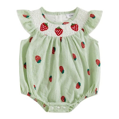 Newborn Baby Girls Smocked Bubble Romper Cute Embroidery Ruffle Gingham Bodys...