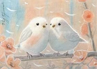 ACEO orig. pastel drawing little white birds with flowers by Anna Hoff Germany