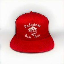 Vintage Paderborn Bass Assn. Hat Fishing Club 80s Trucker Red Cap MADE IN USA
