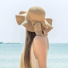 Women Summer Wavy Edge Straw Hat Wide Brim Beach Vacation Sun Protection