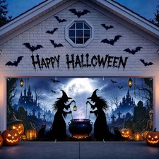 7 x 16 ft Halloween Garage Door Cover, Halloween Door Decorations Happy Hallowee