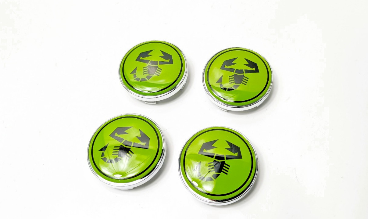 4 Caches-Moyeu Abarth 60mm pour Remplacer les Centres de Roue Abîmés Logo Époxy Vert