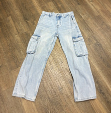 PacSun Men  s Baggy Light Wash Blue Denim Cargo Jeans Pockets Logo