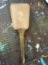 Vintage Vanity Hair Brush Gold Tone Metal Head Pink Design Back Pure Bristle USA