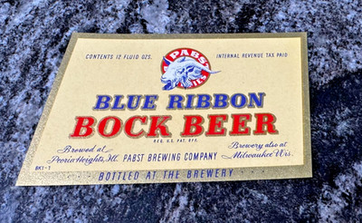 IRTP PABST BLUE RIBBON BOCK BEER 12 OZ BOTTLE LABEL BREWED PEORIA HEIGHTS IL WI